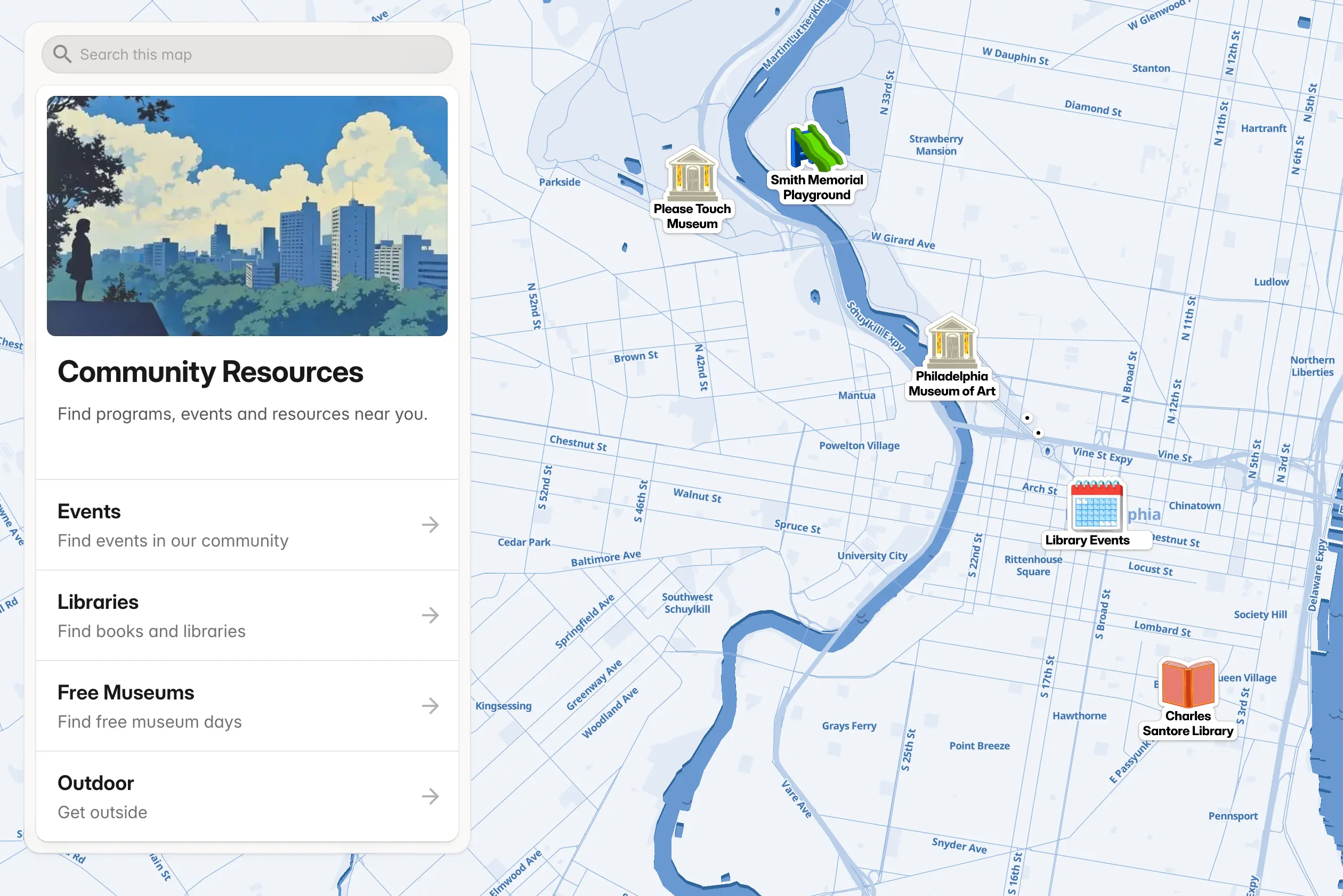 Screenshot of a PamPam map community resources in a city.