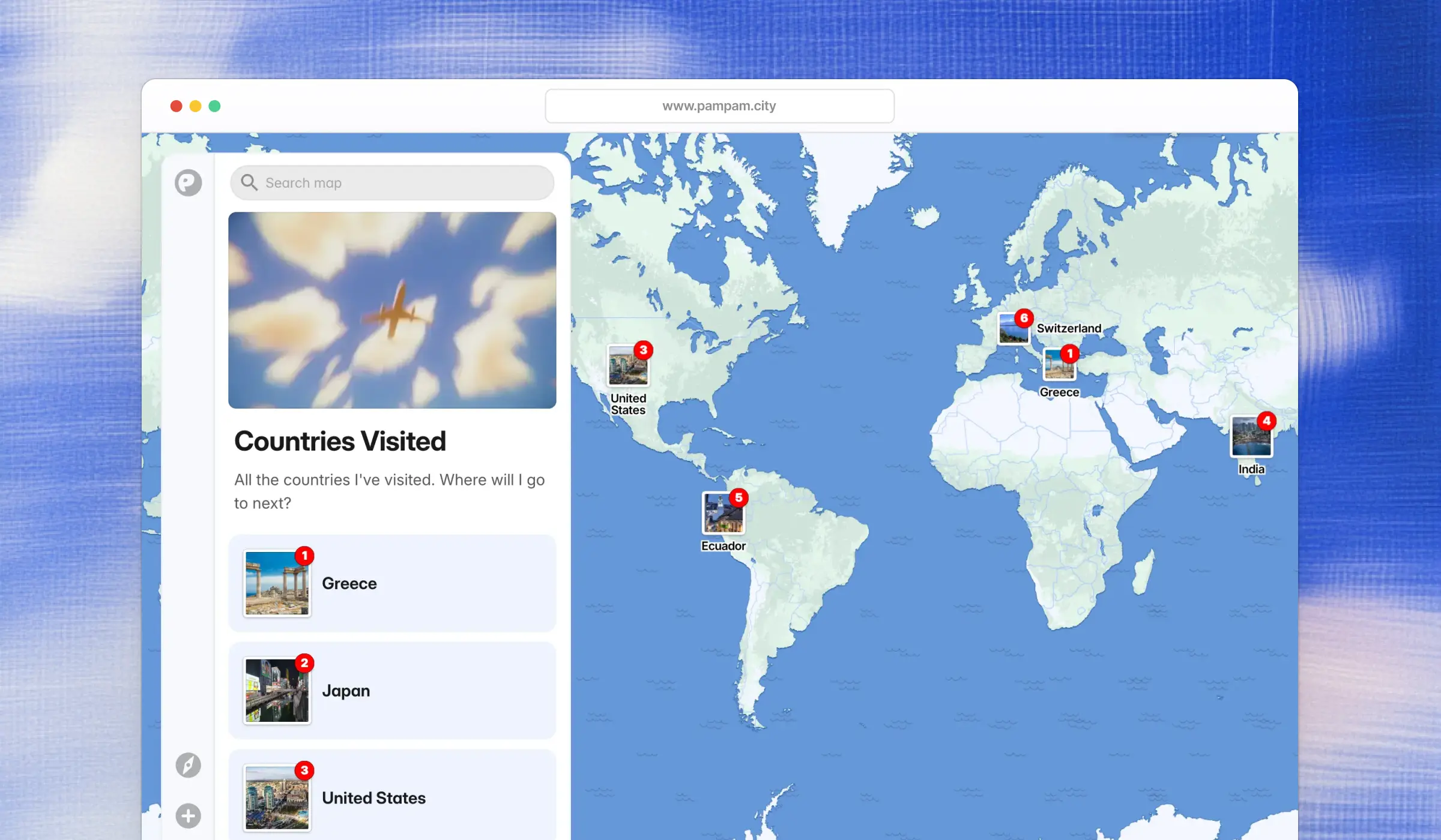 Screenshot of a website with an custom travel map embed on a blog