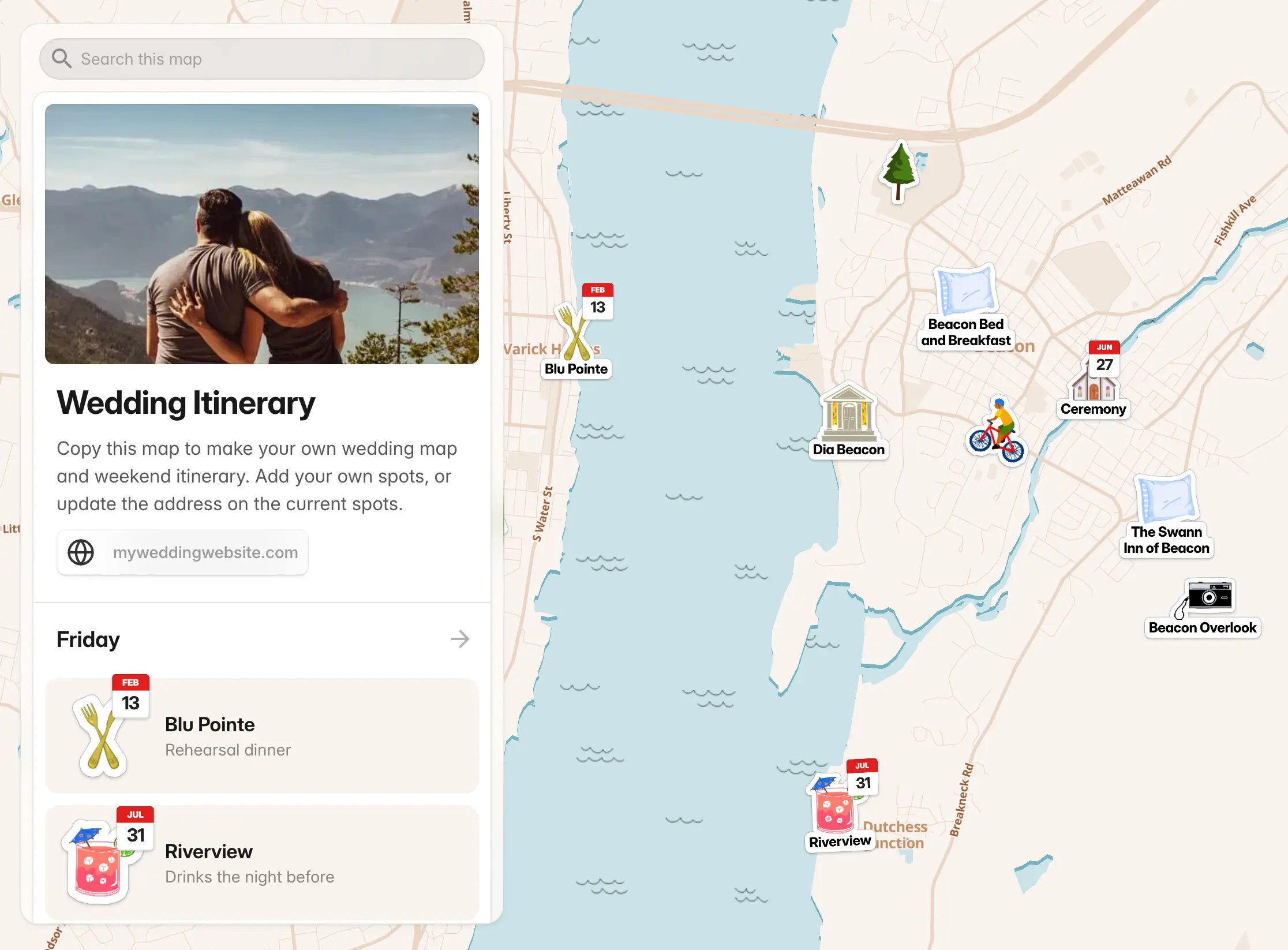 Screenshot of a PamPam custom map showing a wedding itinerary map