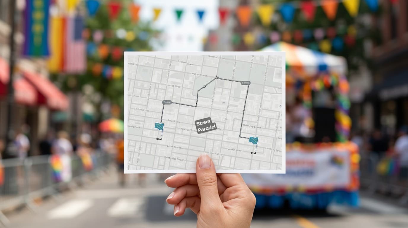 Printable parade route map template with procession path and viewing spots