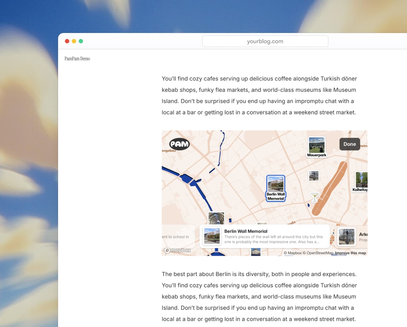 PamPam AI map maker mobile view — showing interactive custom map of US national parks